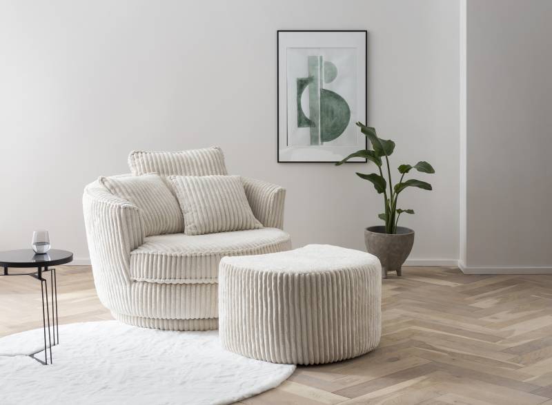 home24 XL Drehsessel Pooi Beige/Creme Cord mit Hocker 120 x 85 x 120cm von home24