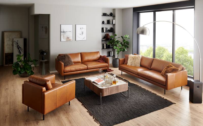 home24 3,5-Sitzer Sofa Braun Echtleder Bojana 226 x 82 x 94cm Skandi von home24