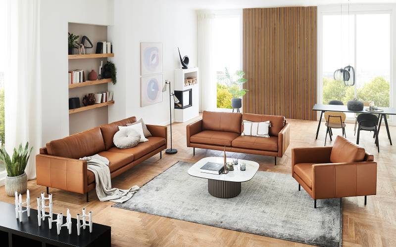 home24 3,5-Sitzer Sofa Braun Echtleder Nardos 226 x 82 x 94cm Skandi von home24