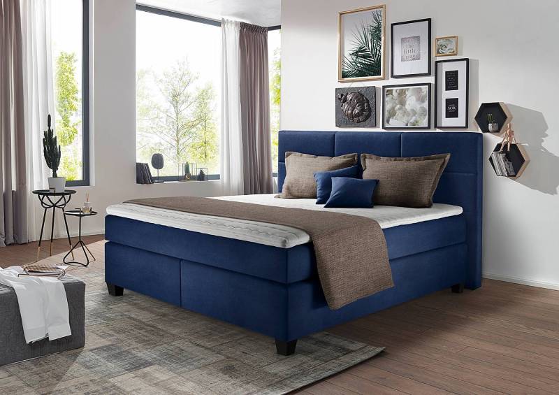 home24 Boxspringbett Athena 160 x 200cm Microfaser Blau/Dunkelblau Doppelmatratze H3/H4 von home24