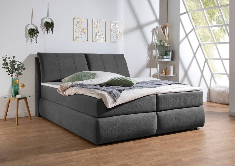 home24 Boxspringbett Barrietas 180 x 200cm Strukturstoff Cosma Schwarz H4 Tonnentaschenfederkernmatratze von home24