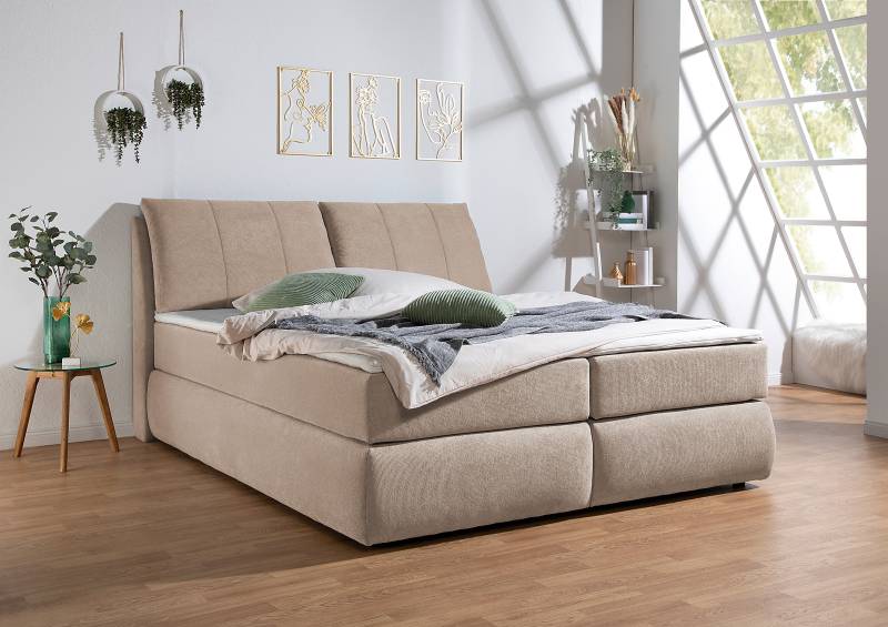 home24 Boxspringbett Barrietas 200 x 200cm Strukturstoff Cosma Beige H3 Tonnentaschenfederkernmatratze von home24