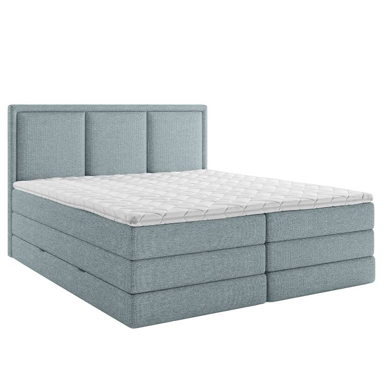 home24 Boxspringbett Coolyu 180 x 200cm Webstoff Aranja Blau Wendbar H2/H3 Kaltschaumtopper von home24