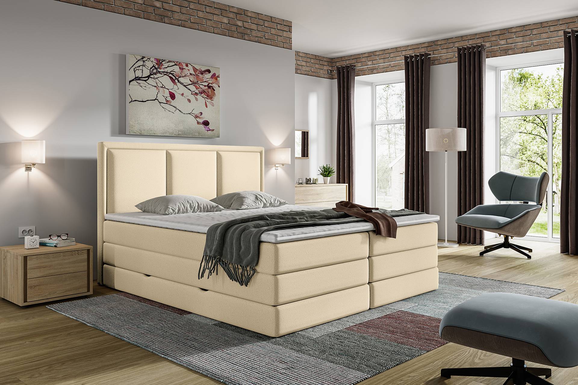 home24 Boxspringbett Coolyu 180 x 200cm Webstoff Pria Beige Wendbar H2/H3 Kaltschaumtopper von home24