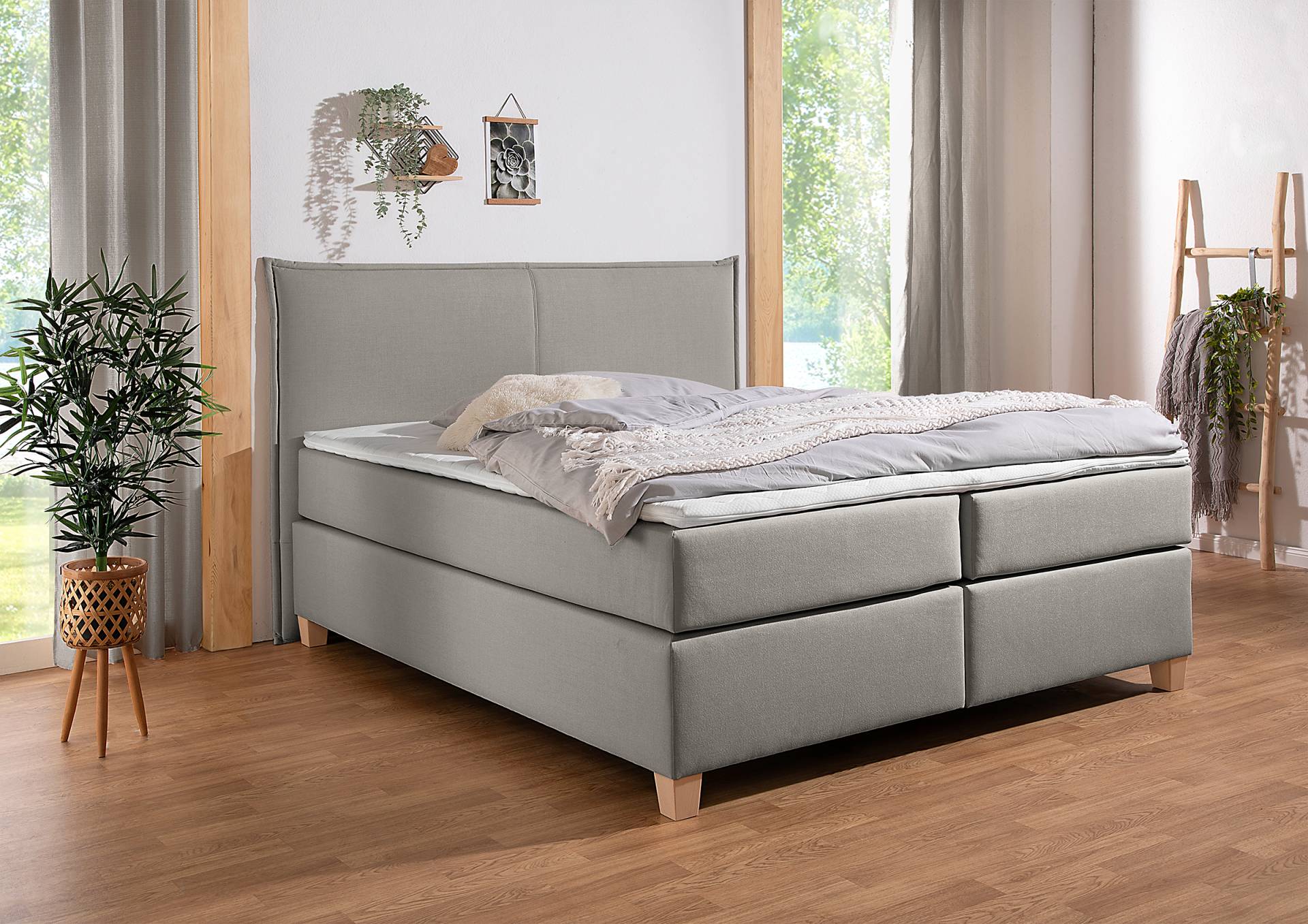 home24 Boxspringbett Flyndra 160 x 200cm Flachgewebe Jacira Grau H3 Tonnentaschenfederkernmatratze von home24