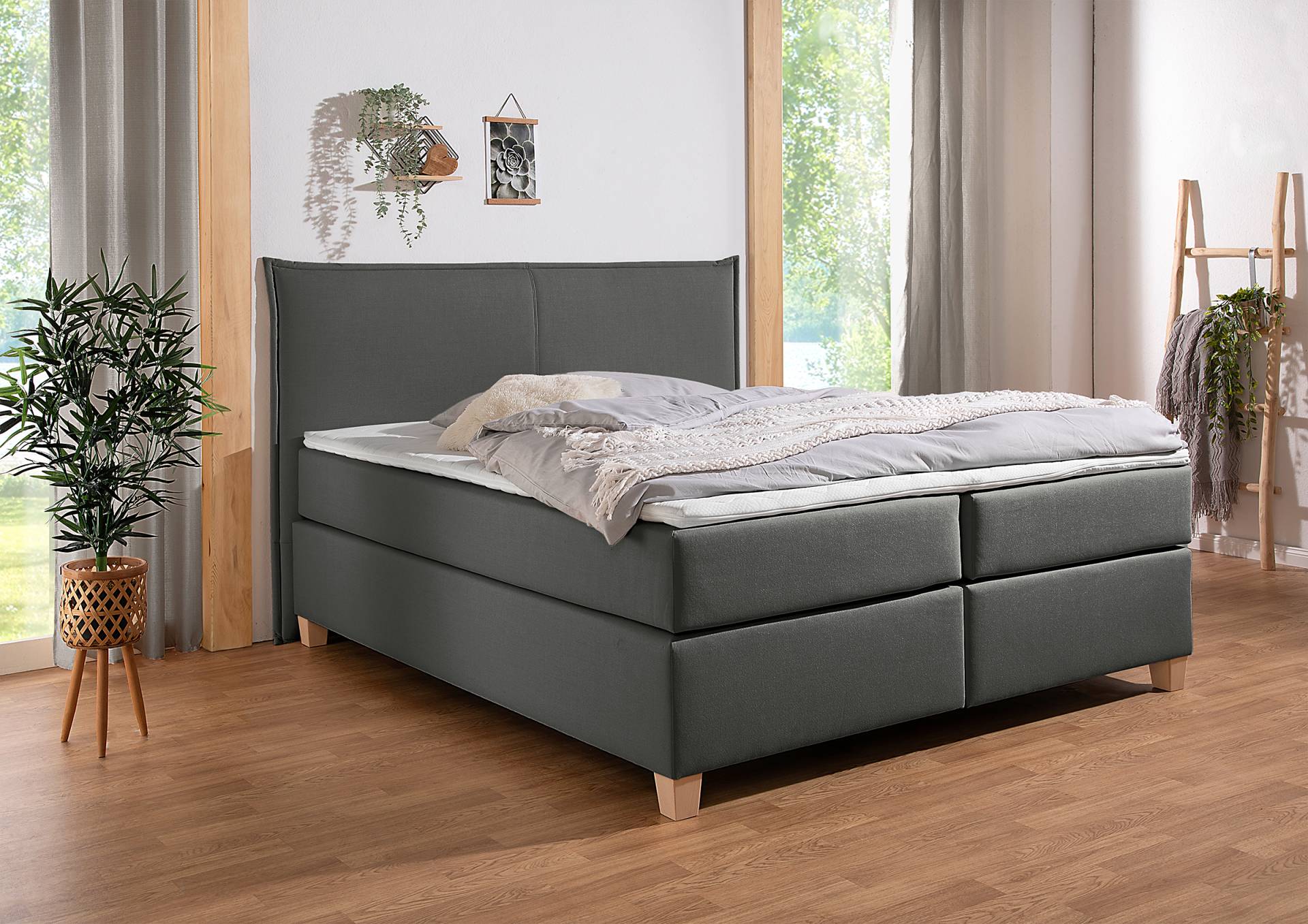 home24 Boxspringbett Flyndra 180 x 200cm Flachgewebe Jacira Grau H4 Tonnentaschenfederkernmatratze von home24