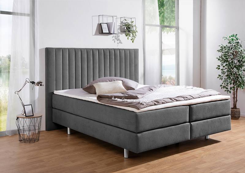 home24 Boxspringbett Frasnito 160 x 200cm Microfaser Grau/Anthrazit H3 Tonnentaschenfederkernmatratze von home24