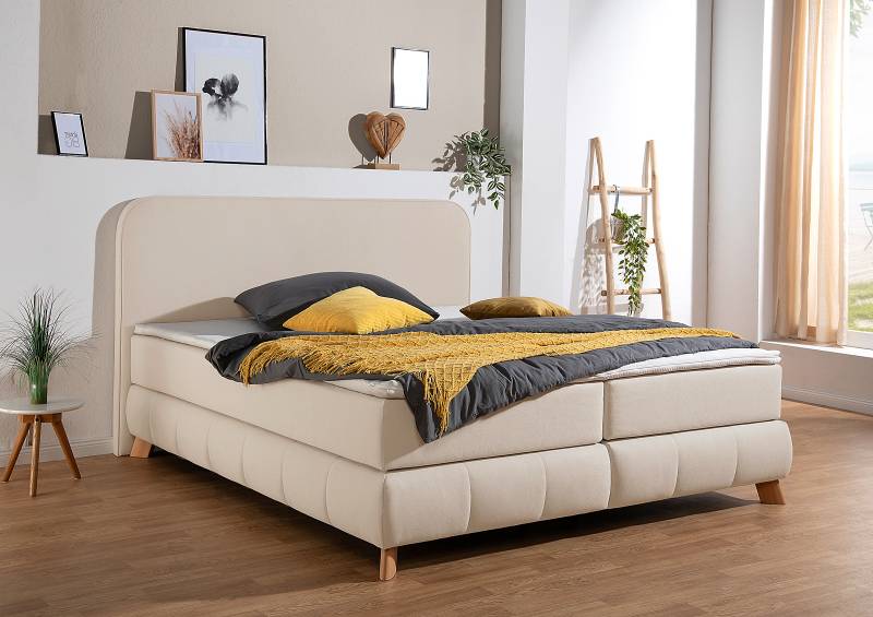 home24 Boxspringbett Gerazia 200 x 200cm Webstoff Beige/Beige H4 Tonnentaschenfederkernmatratze von home24