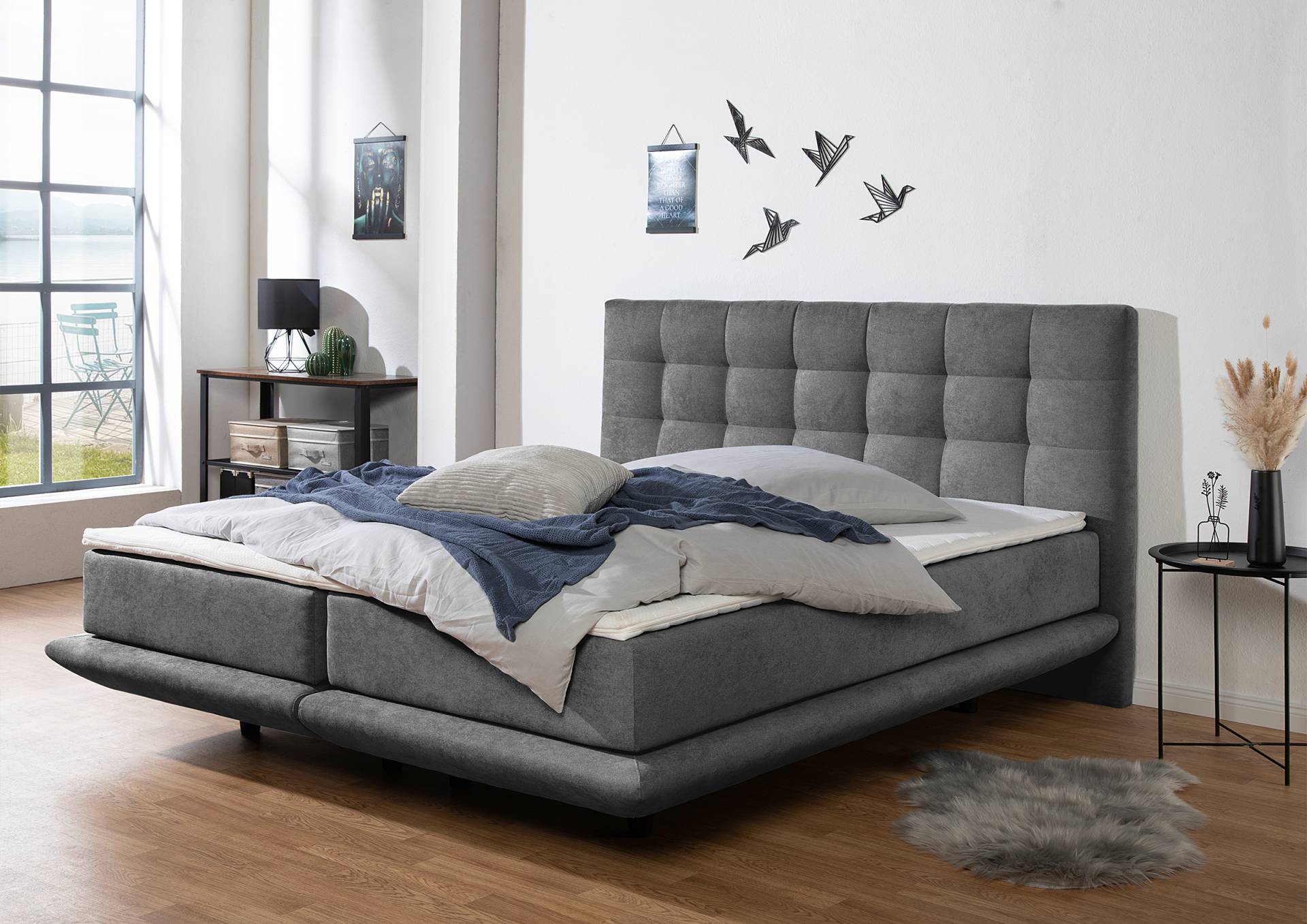 home24 Boxspringbett Onorato 200 x 200cm Microfaser Grau/Anthrazit H3 Tonnentaschenfederkernmatratze von home24