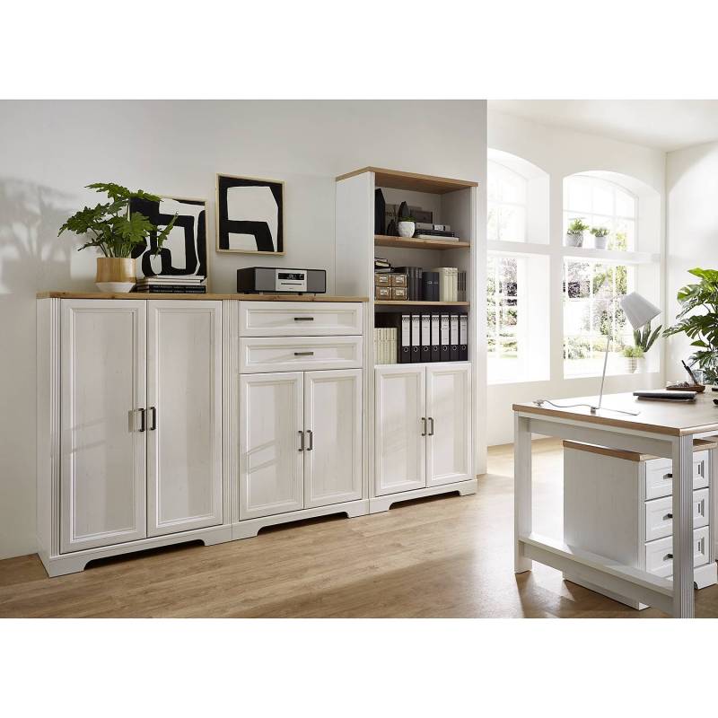 home24 Büroregal I Front & Korpus: MDF Mitteldichte Holzfaserplatte , foliert Griffe: Metall, lackiert Weiß/Pinie Weiß Dekor 86 x 204 x 38cm von home24