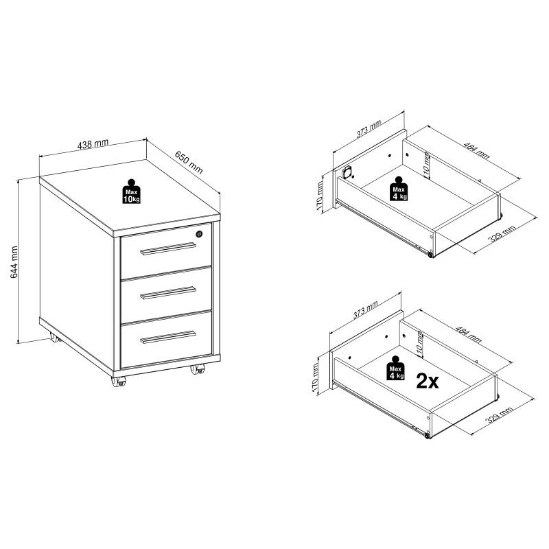 home24 Rollcontainer 44 x 64 x 65cm Braun/Eiche Dekor von home24