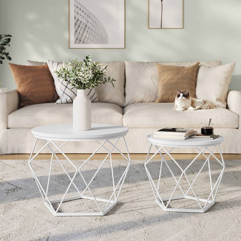 home24 Couchtisch 48 cm 2er-Set Ø 48cm Weiß/Eiche Weiß Dekor von home24
