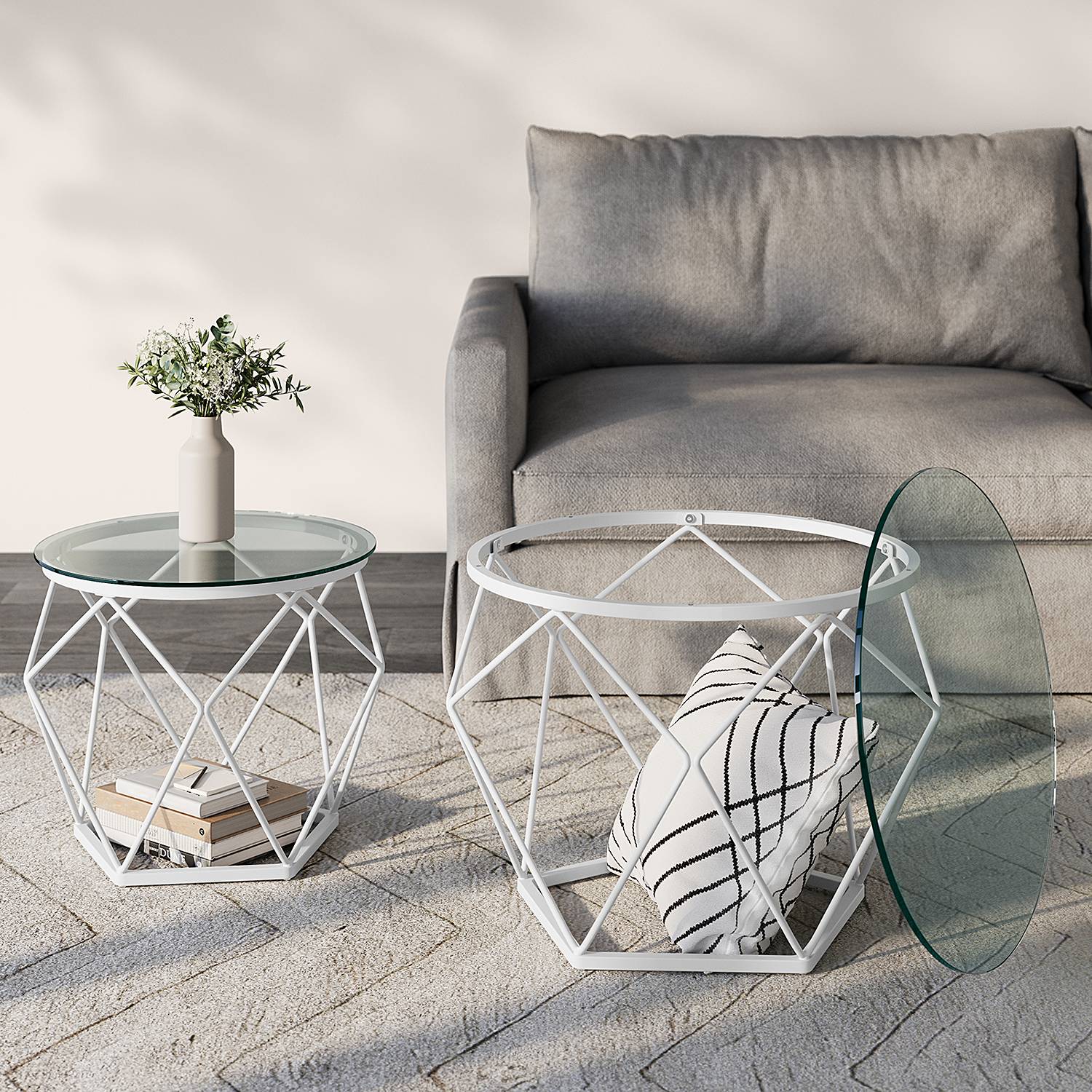 home24 Couchtisch Glas 2er-Set Ø 48cm Weiß/Weiß von home24