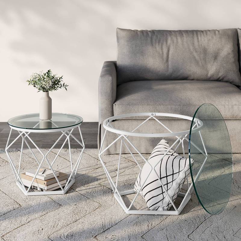 home24 Couchtisch Glas 2er-Set Ø 48cm Weiß/Weiß von home24