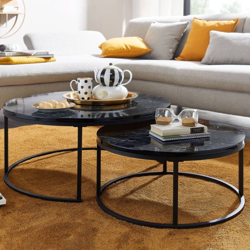 home24 Couchtisch Trollsved 2er Set Ø 80cm Schwarz/Marmor Schwarz Dekor von home24