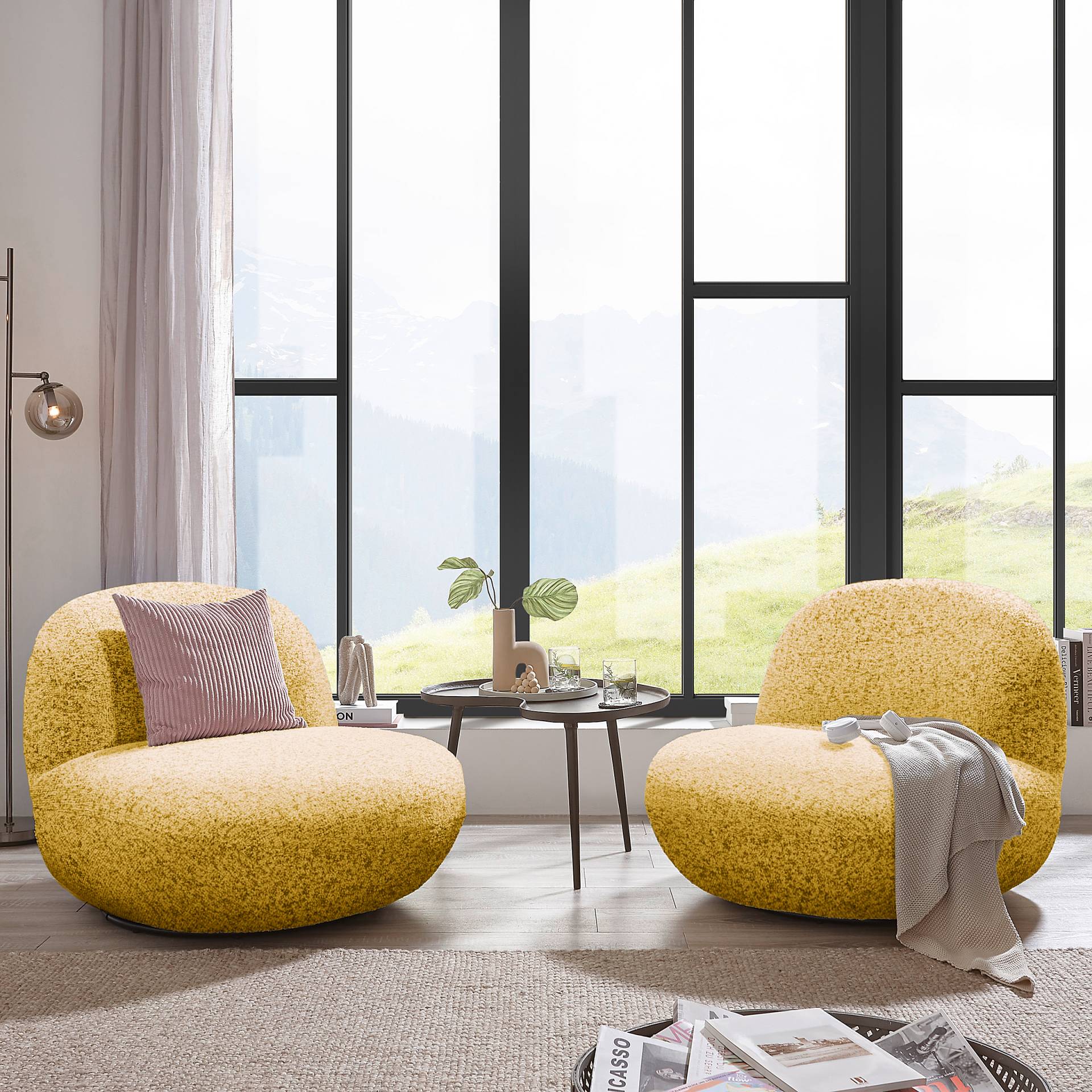home24 Drehsessel MORLEY Gelb/Beige Strukturstoff Purna 85 x 70 x 99cm von home24