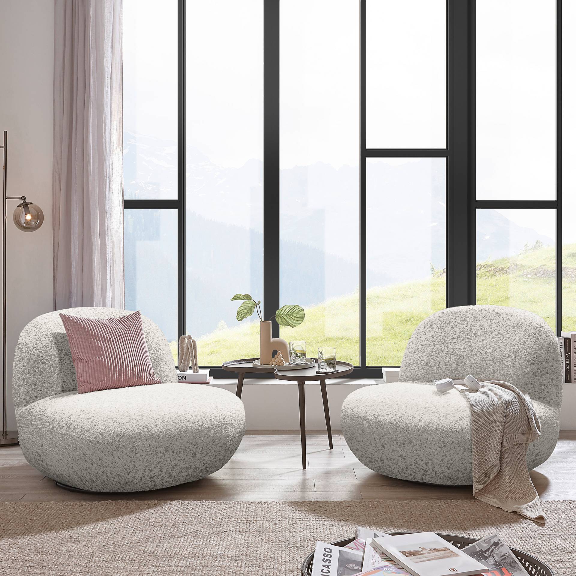 home24 Drehsessel MORLEY Grau/Weiß Strukturstoff Purna 85 x 70 x 99cm von home24