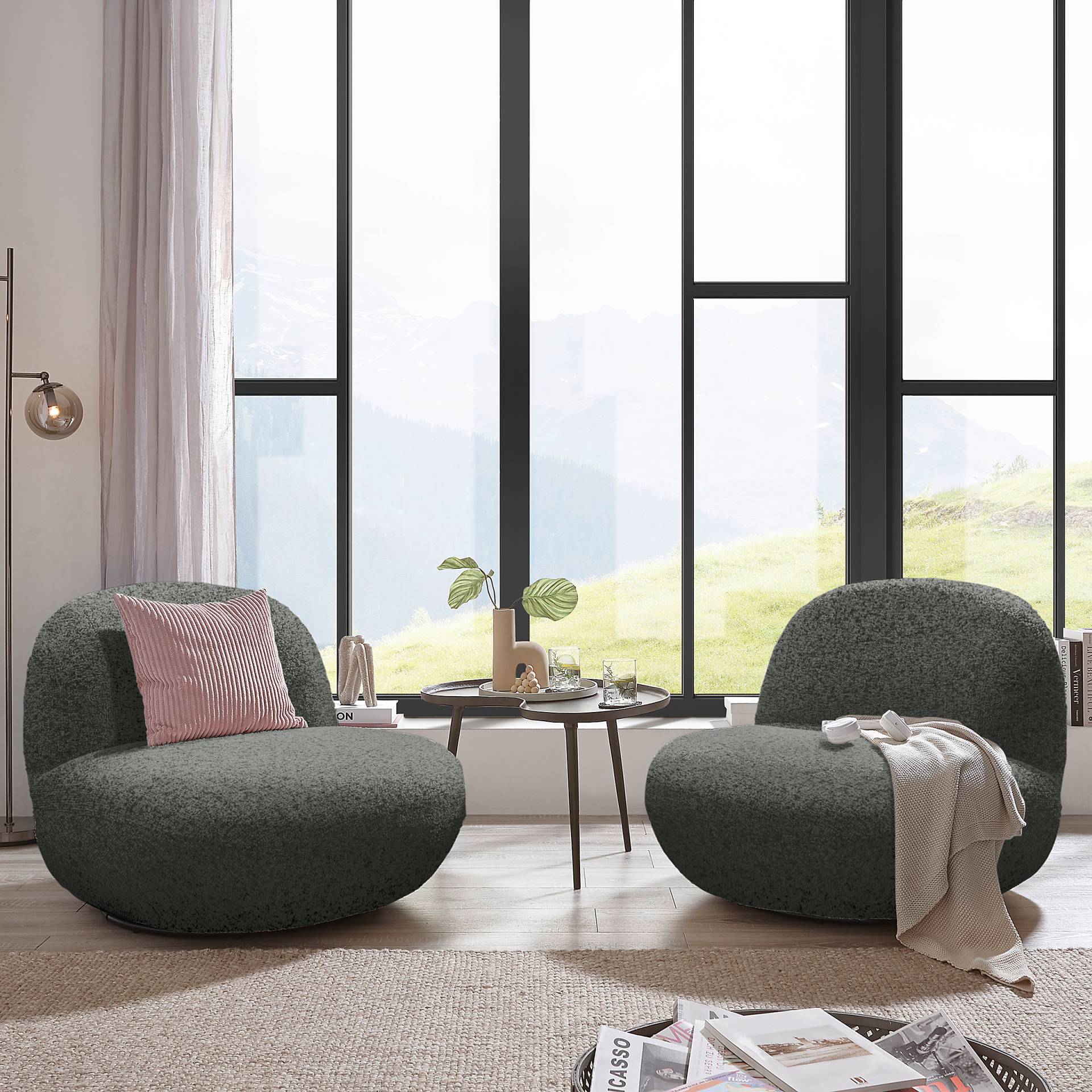 home24 Drehsessel MORLEY Schwarz/Grau Strukturstoff Purna 85 x 70 x 99cm von home24