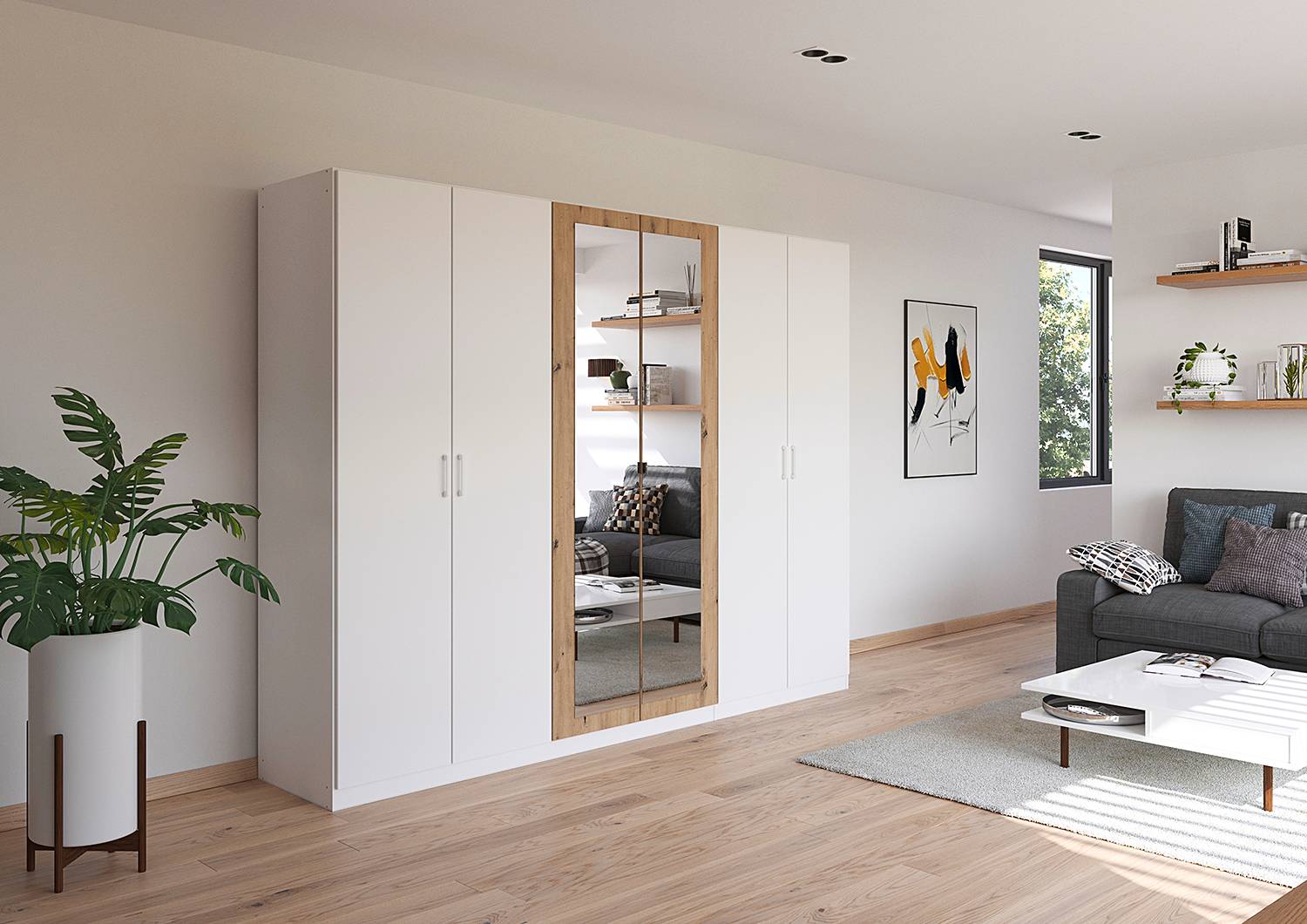 home24 Drehtürenschrank Miro mit Spiegel 271cm Weiß/Eiche Artisan Dekor/Alpinweiß home24 Drehtürenschrank Miro mit Spiegel 271cm Weiß/Eiche Artisan Dekor/Alpinweiß von home24