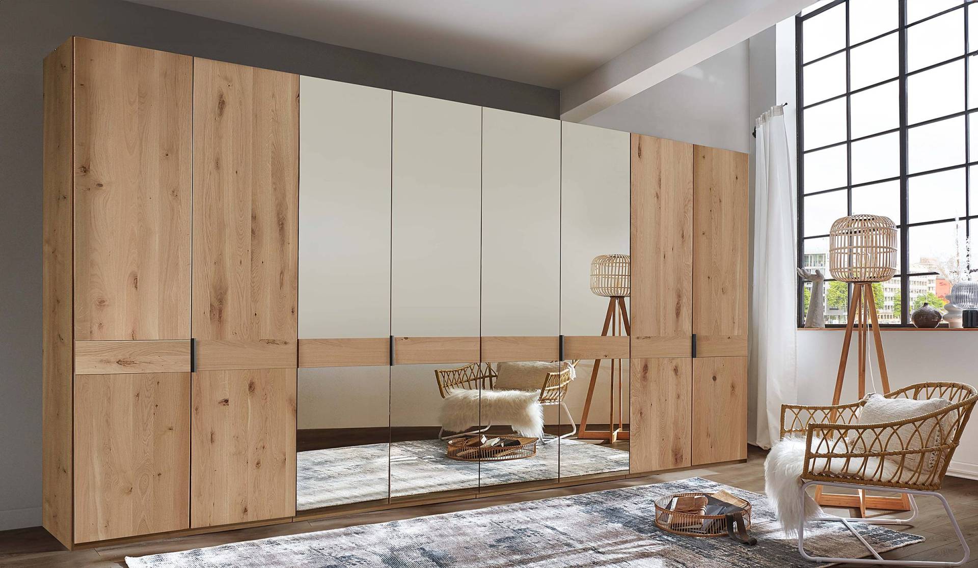 home24 Drehtürenschrank - Spiegeltür A 393 x 216cm Braun/Eiche von home24