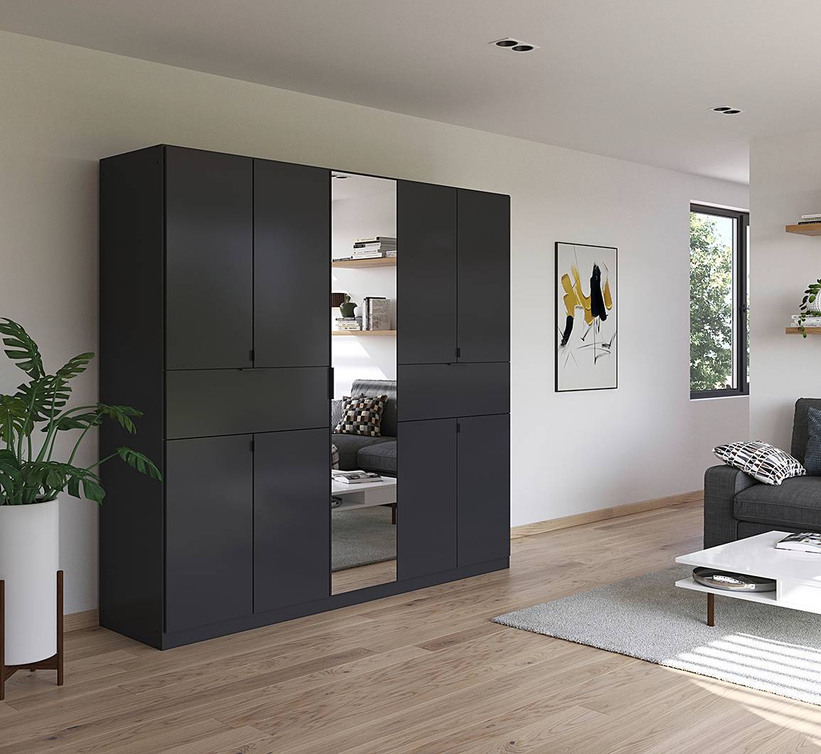 home24 Drehtürenschrank Ticao mit Spiegel 226cm Grau/Graumetallic von home24