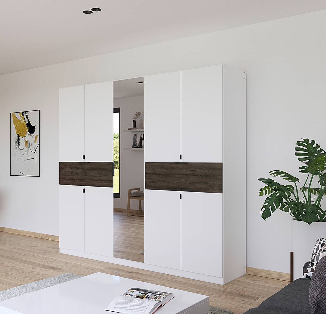 home24 Drehtürenschrank Ticao mit Spiegel 226cm Weiß/Weiß/Eiche Dunkel Dekor von home24