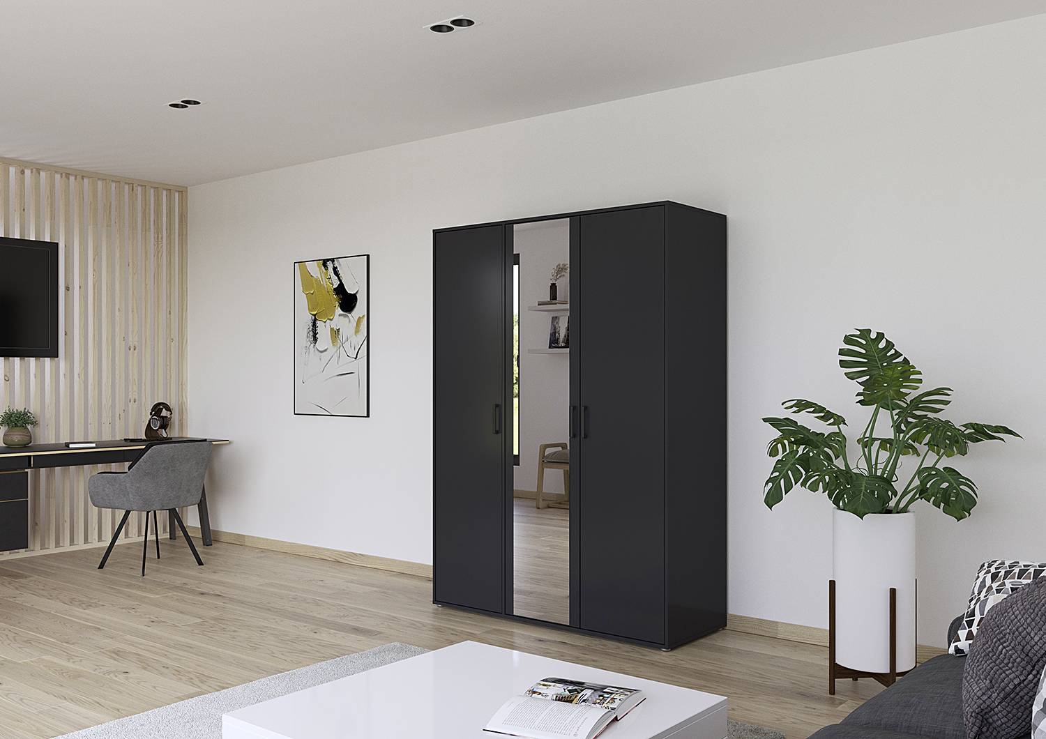 home24 Drehtürenschrank Voyager mit Spiegel 140cm Grau/Graumetallic von home24