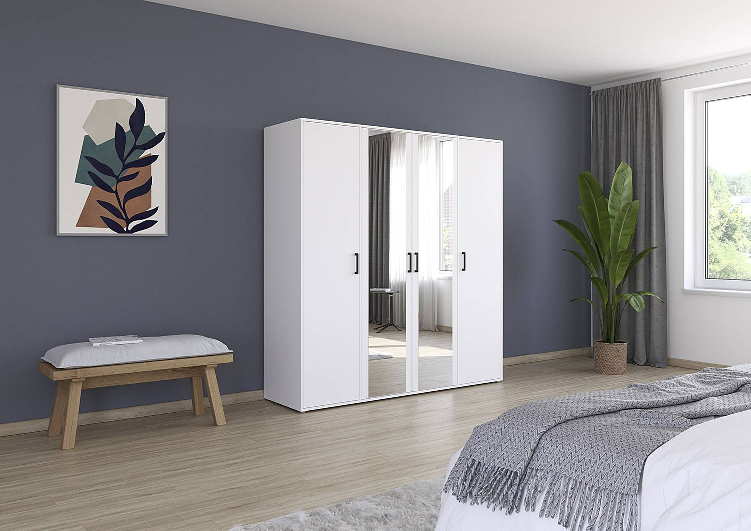 home24 Drehtürenschrank Voyager mit Spiegel 187cm Weiß/Alpinweiß von home24