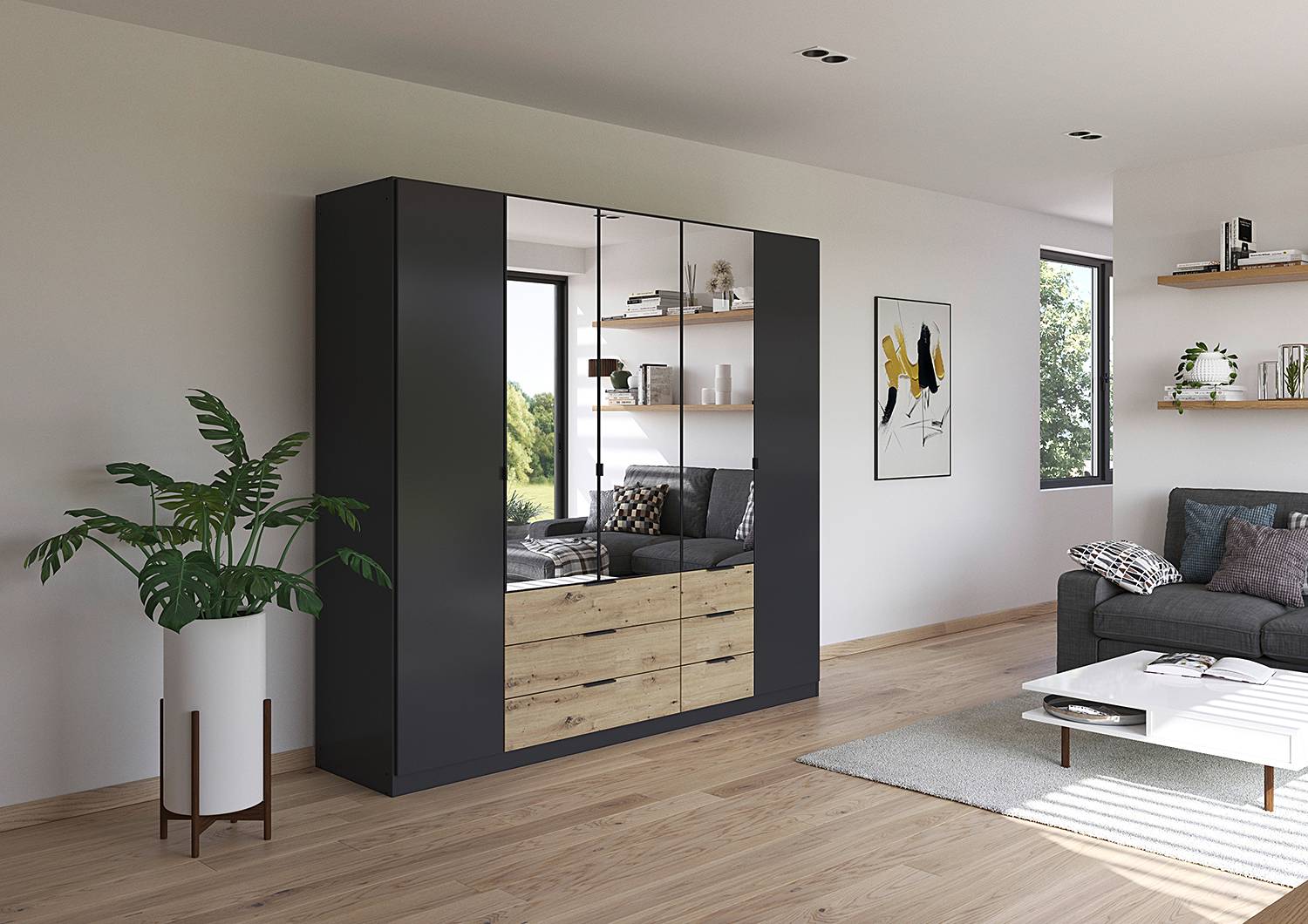 home24 Drehtürenschrank mit Spiegel 226cm Grau/Graumetallic/Eiche Artisan Dekor home24 Drehtürenschrank mit Spiegel 226cm Grau/Graumetallic/Eiche Artisan Dekor von home24