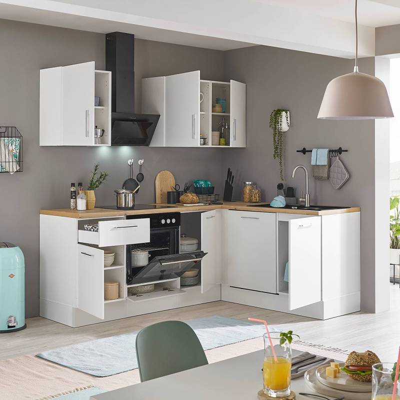 home24 Eck-Küchenzeile Variante B 220cm Weiß/Matt Weiß Induktion mit Elektrogeräten von home24