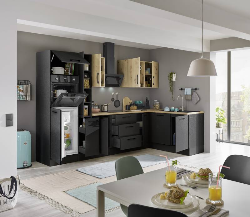 home24 Eck-Küchenzeile Variante E 310cm Schwarz/Matt Schwarz Induktion mit Elektrogeräten von home24