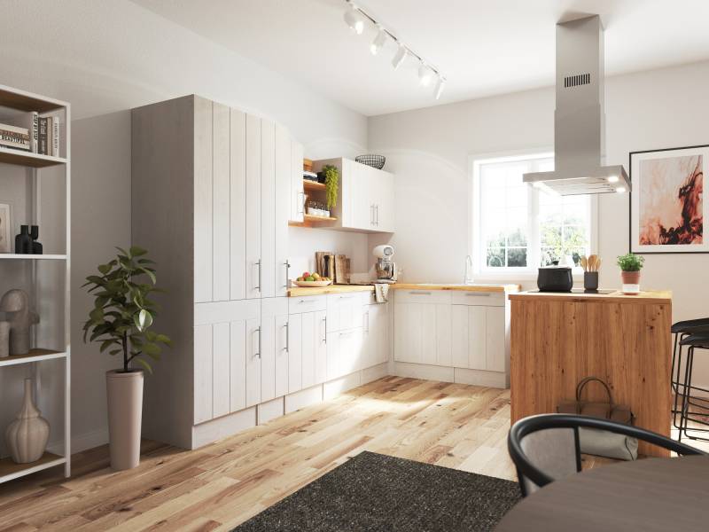 home24 Eckküche Anton Variante B mit Insel 310cm Weiß von home24