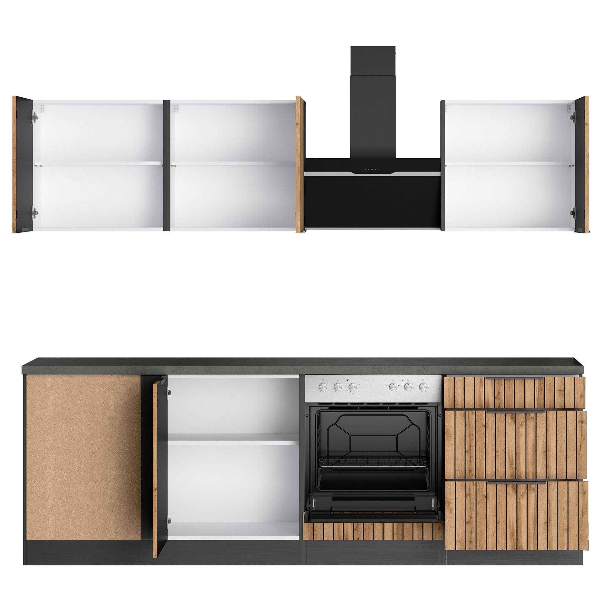home24 Eckküche Liverpool Spüle Edelstahl 240cm Braun mit Elektrogeräten von home24