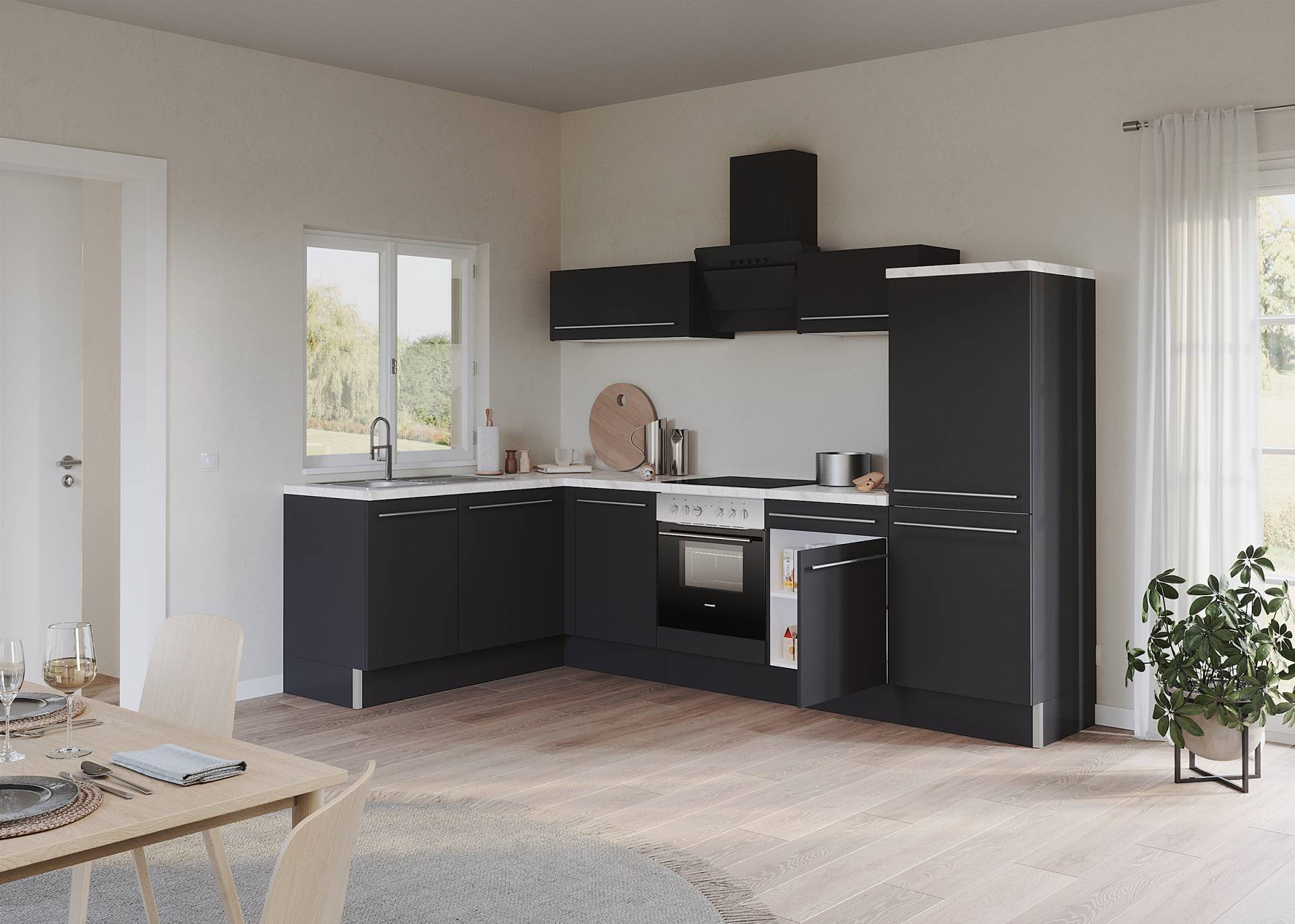 home24 Eckküche Venezia Kombia A 295 x 192 x 60cm Grau/Anthrazit mit Elektrogeräten von home24