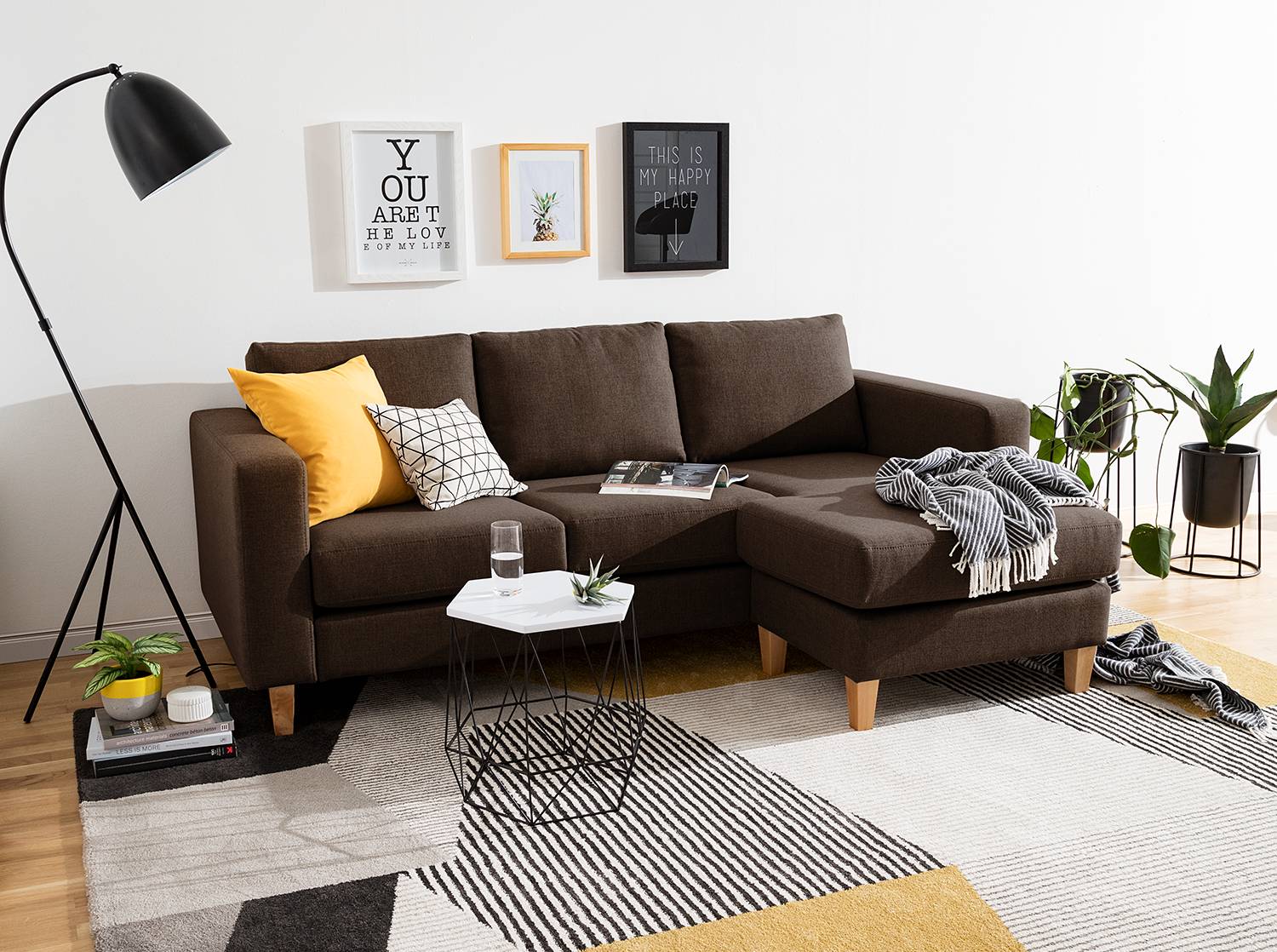 home24 Ecksofa 2-Sitzer mit Longchair Braun/Braun Webstoff Inas 214 x 86 x 140cm Longchair davorstehend rechts Natur von home24
