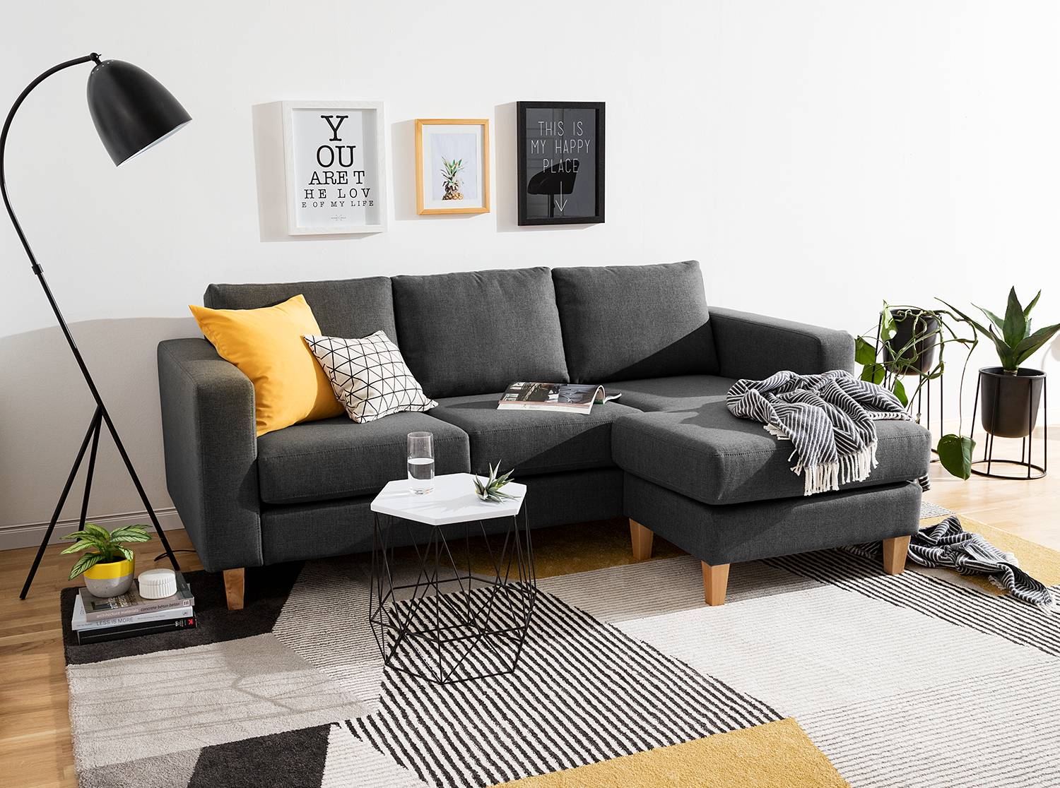 home24 Ecksofa 2-Sitzer mit Longchair Grau/Dunkelgrau Webstoff Inas 214 x 86 x 140cm Longchair davorstehend rechts Natur von home24