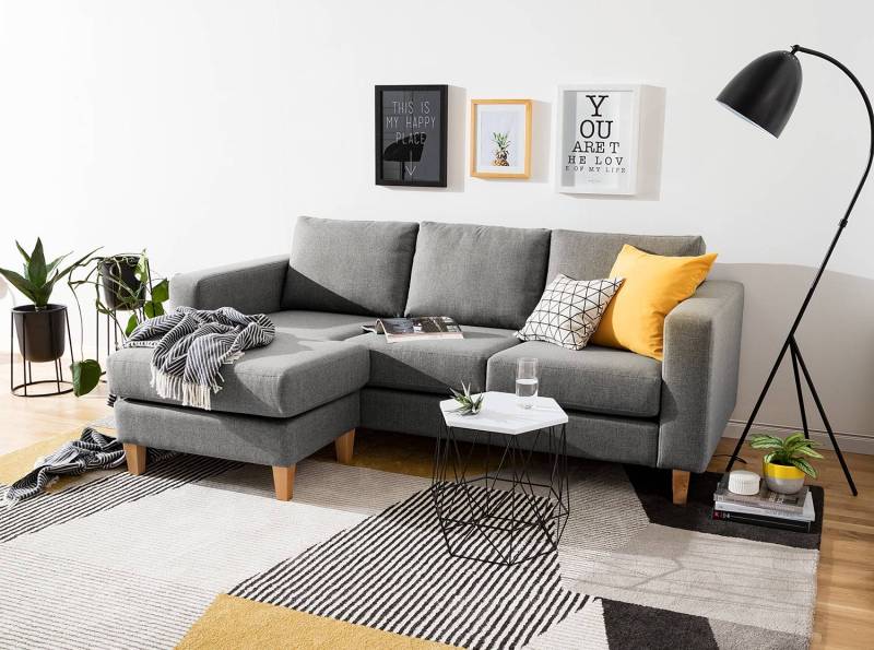 home24 Ecksofa 2-Sitzer mit Longchair Grau/Platin Webstoff Inas 214 x 86 x 140cm Longchair davorstehend links Natur von home24
