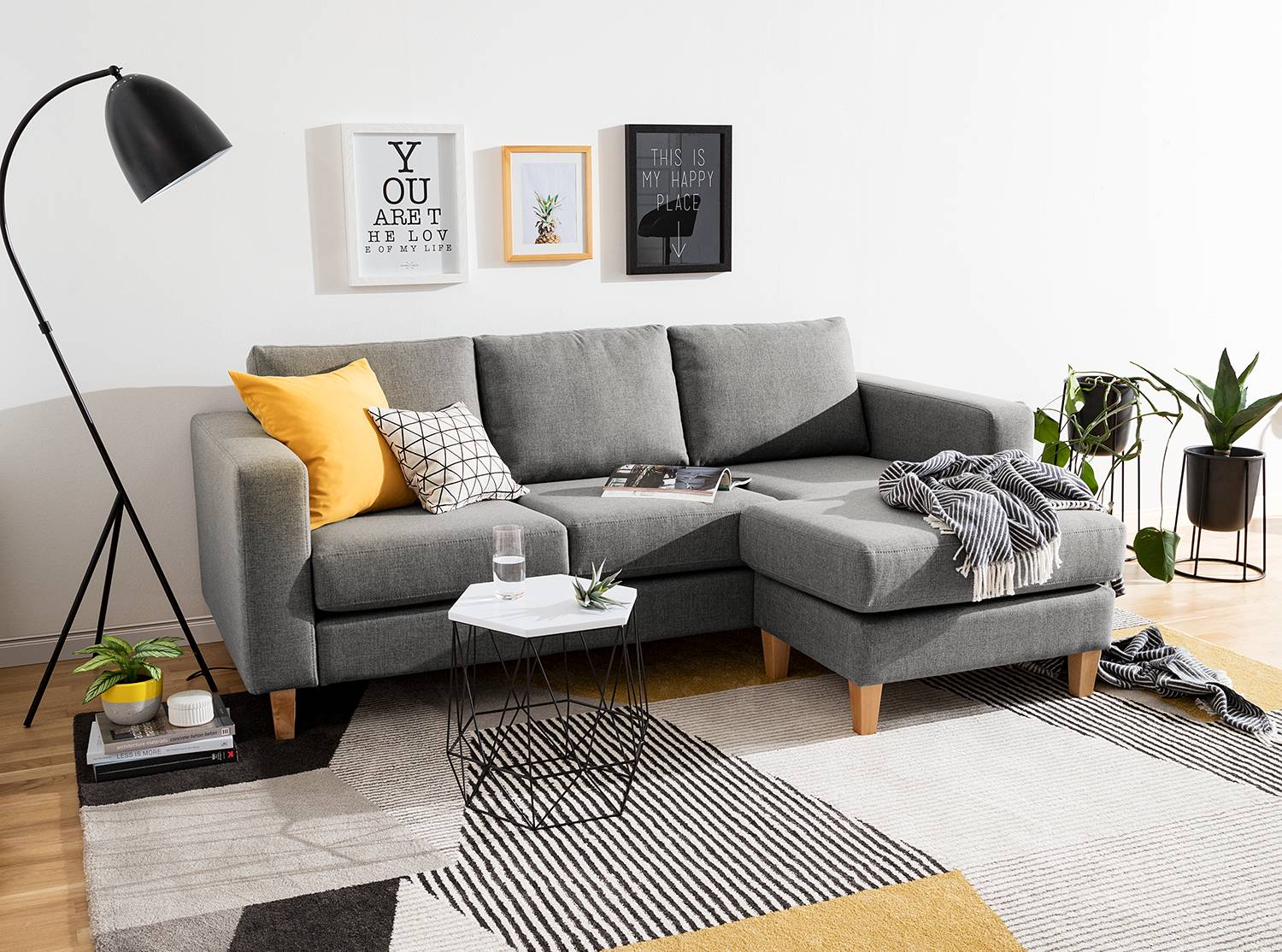home24 Ecksofa 2-Sitzer mit Longchair Grau/Platin Webstoff Inas 214 x 86 x 140cm Longchair davorstehend rechts Natur von home24