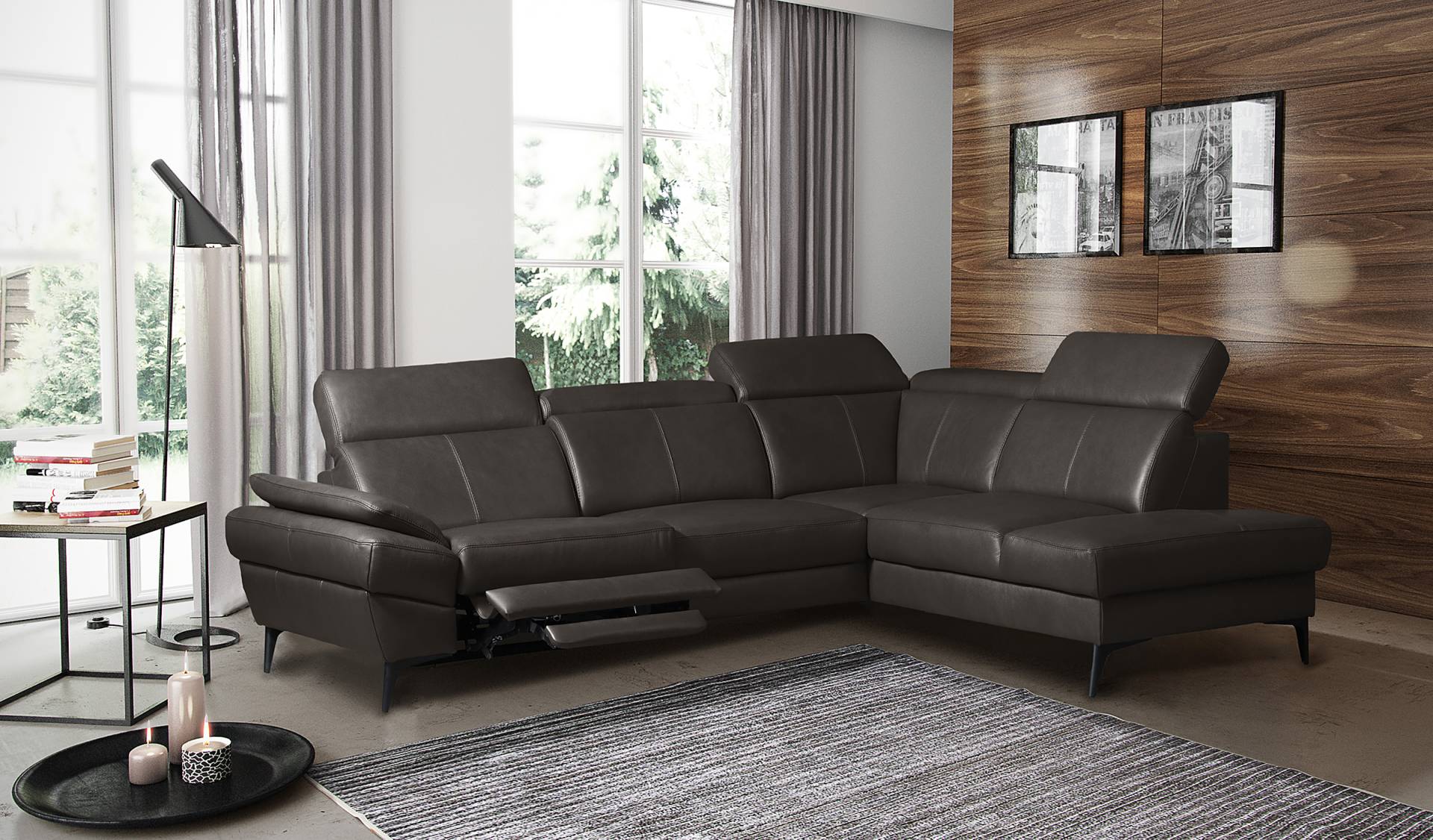 home24 Ecksofa Amphuli mit Ottomane Braun Echtleder Mabel / Kunstleder Manda 264 x 80 x 211cm Ottomane davorstehend rechts Kopfstütze von home24