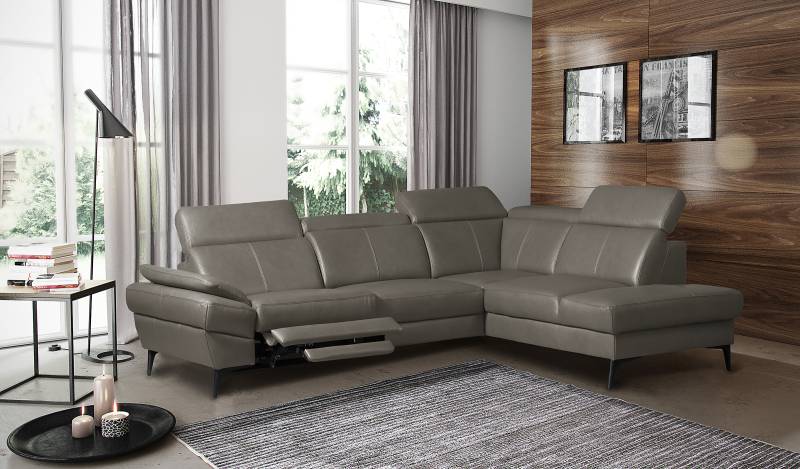 home24 Ecksofa Amphuli mit Ottomane Grau Echtleder Mabel / Kunstleder Manda 264 x 80 x 211cm Ottomane davorstehend rechts Kopfstütze von home24