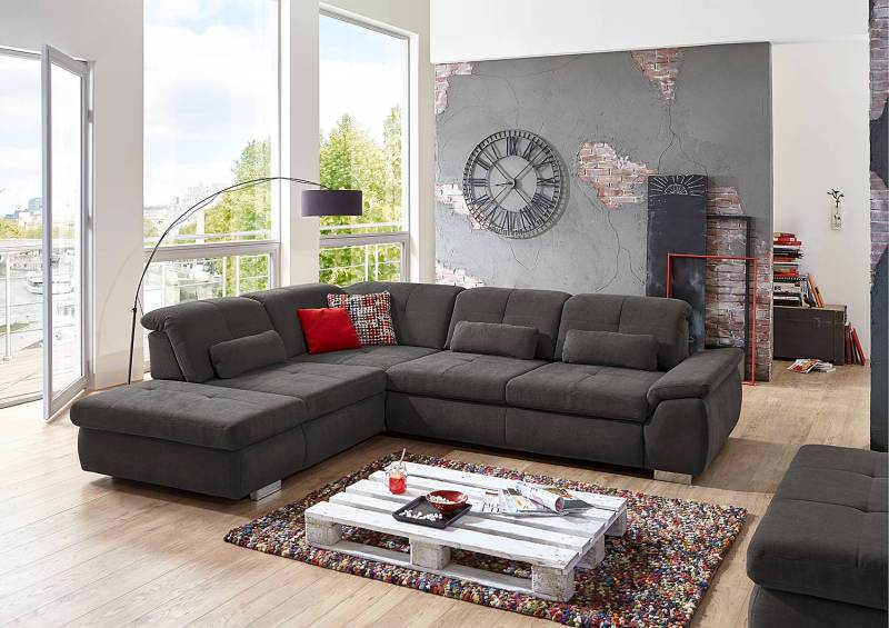 home24 Ecksofa Artanna mit Ottomane Grau Chenille Nelma 315 x 85 x 260cm Ottomane davorstehend links mit Schlaffunktion Modern von home24