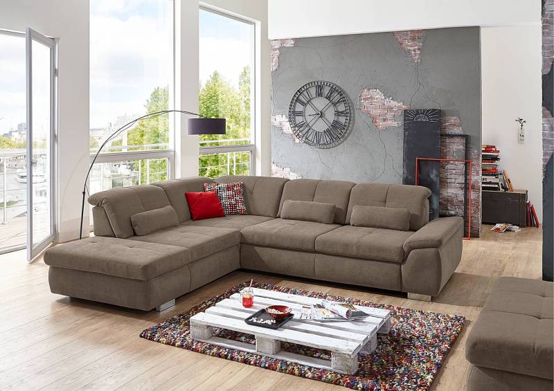 home24 Ecksofa Artanna mit Ottomane Grau Chenille Nelma 315 x 85 x 260cm Ottomane davorstehend links mit Schlaffunktion Modern von home24