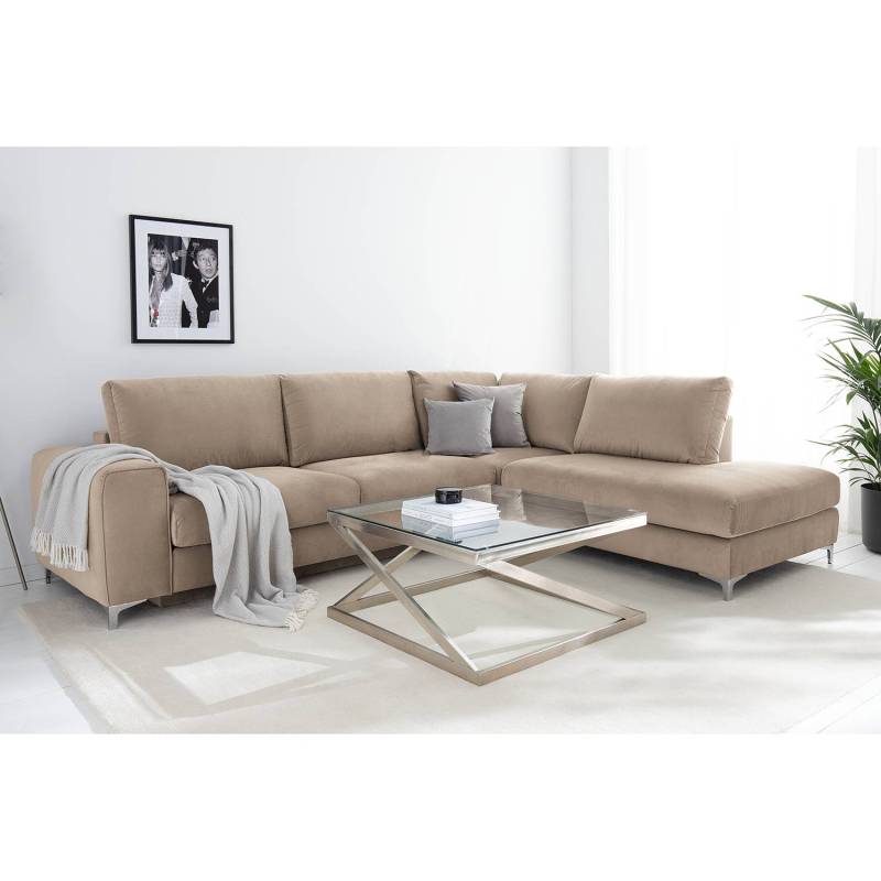 home24 Ecksofa Baitz I Braun/Cappuccino Samt Parmis 302 x 91cm Ottomane davorstehend rechts mit Schlaffunktion Glamour von home24