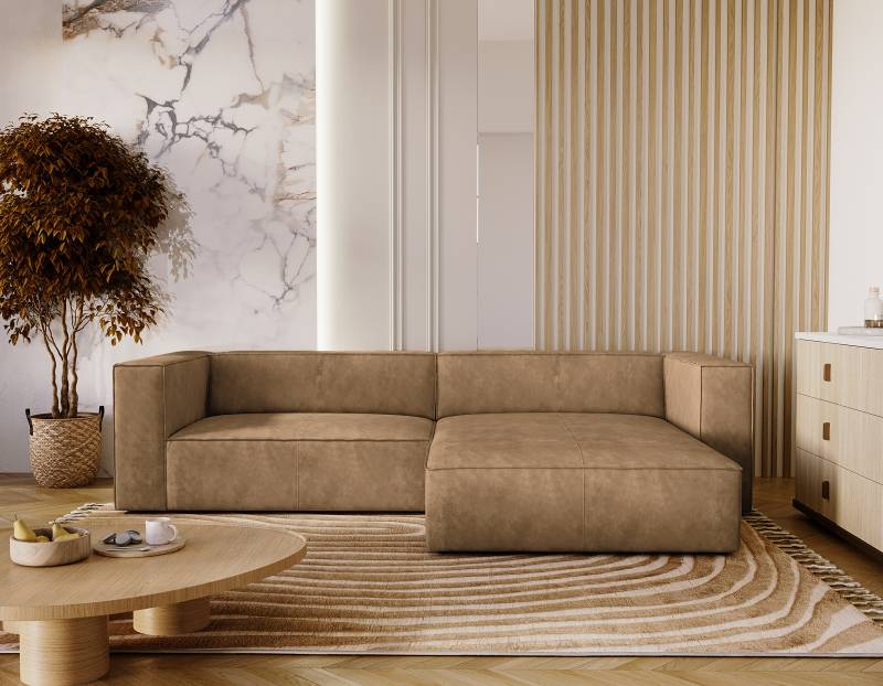 home24 Ecksofa Balho mit Ottomane Braun Microfaser Priya 278 x 68 x 174cm Ottomane davorstehend rechts Modern von home24