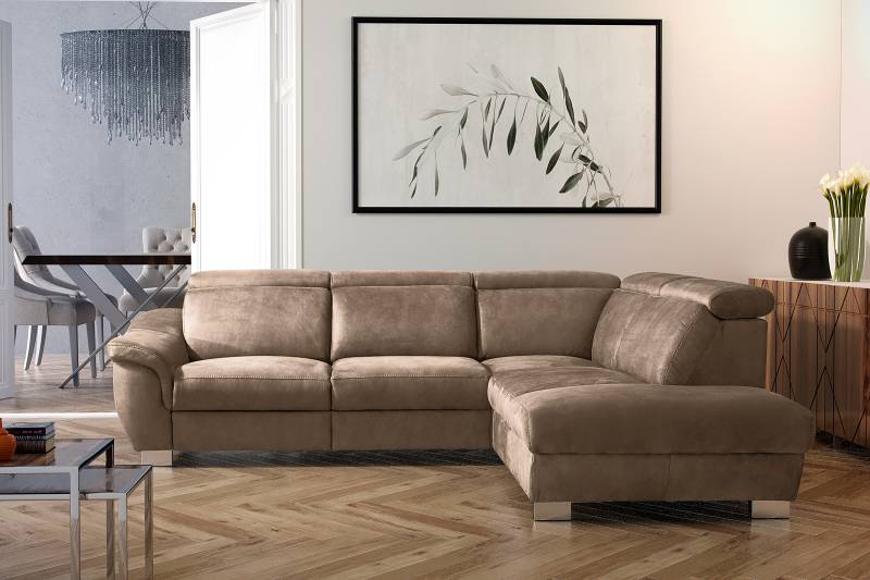 home24 Ecksofa Berner mit Ottomane Braun Microfaser Morea 276 x 81 x 238cm Funktion links Chrom glänzend Modern von home24