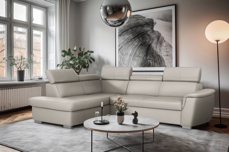 home24 Ecksofa Cafanda mit Schlaffunktion Grau Echtleder Mabel / Kunstleder Manda 262 x 79 x 211cm Ottomane davorstehend links Modern von home24