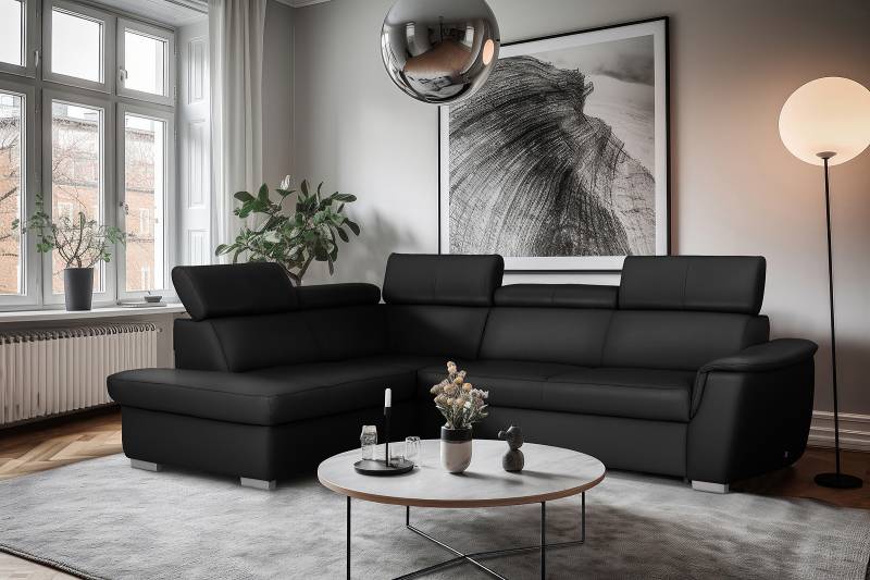 home24 Ecksofa Cafanda mit Schlaffunktion Schwarz Echtleder Mabel / Kunstleder Manda 262 x 79 x 211cm Ottomane davorstehend links Modern von home24