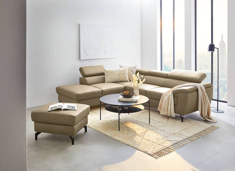 home24 Ecksofa Cartillon mit Longchair Braun Echtleder Mabel / Kunstleder Manda 256 x 90 x 220cm Ottomane davorstehend links Kopfstütze verstellbar von home24