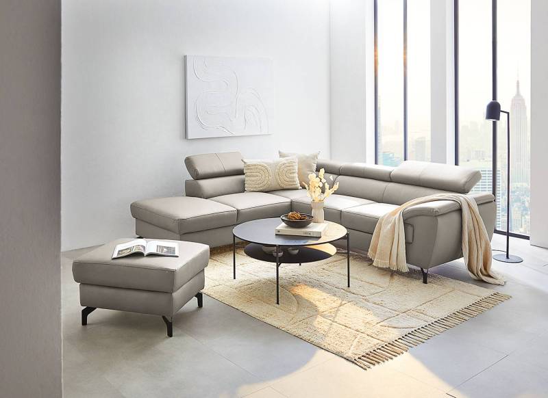 home24 Ecksofa Cartillon mit Longchair Grau Echtleder Mabel / Kunstleder Manda 256 x 90 x 220cm Ottomane davorstehend links Kopfstütze verstellbar von home24