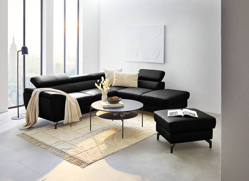 home24 Ecksofa Cartillon mit Longchair Schwarz Echtleder Mabel / Kunstleder Manda 256 x 90 x 220cm Ottomane davorstehend rechts Kopfstütze verstellbar von home24